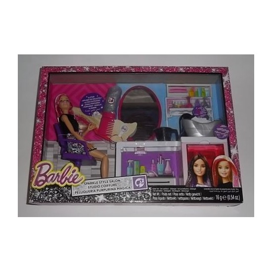 Barbie Coffret poupée et son salon de coiffure, peigne à paillettes et  accessoires inclus, jouet pour enfant, DTK05